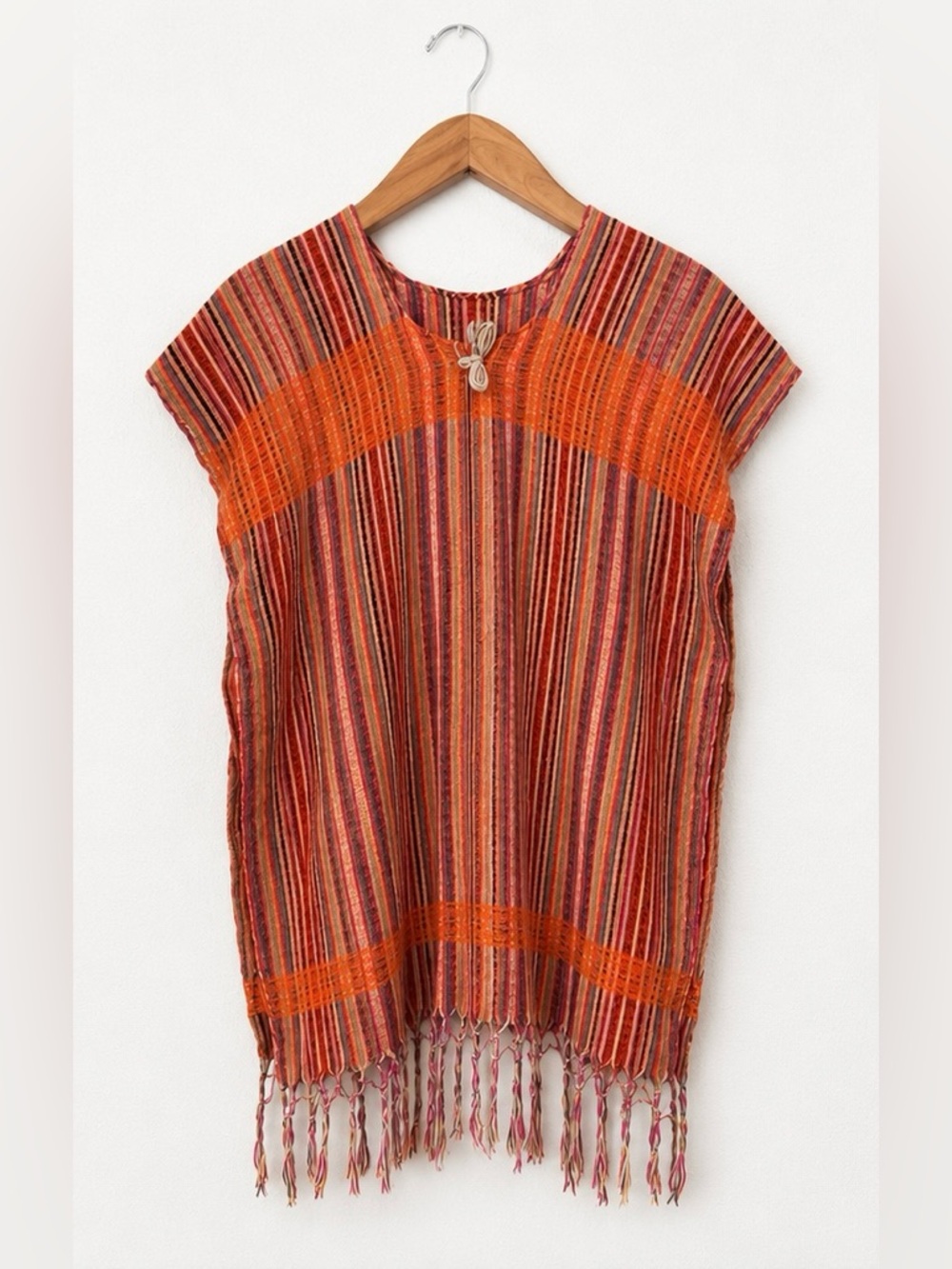 Handwoven Traditional Huipil Tunic Artisan Woven Fringe Boho Folk Size Medium